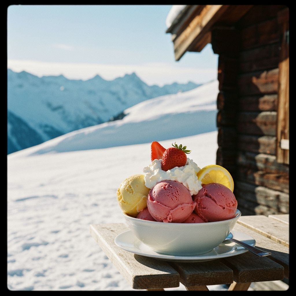 Ice Cream in Snowy Alps, Cinematic Film Still