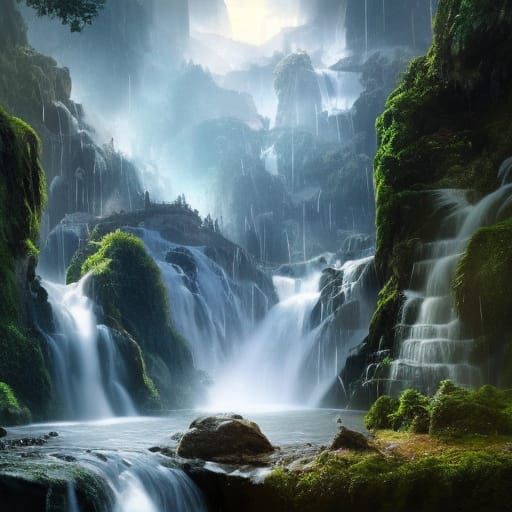 Epic Triple Waterfalls in Digital Matte Painting Style