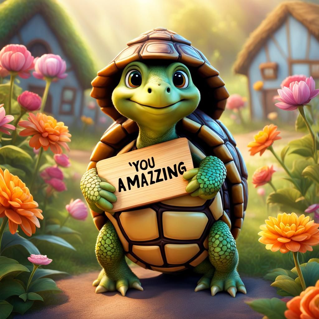 Adorable Tortoise Holding Sign in Hyperrealistic Style