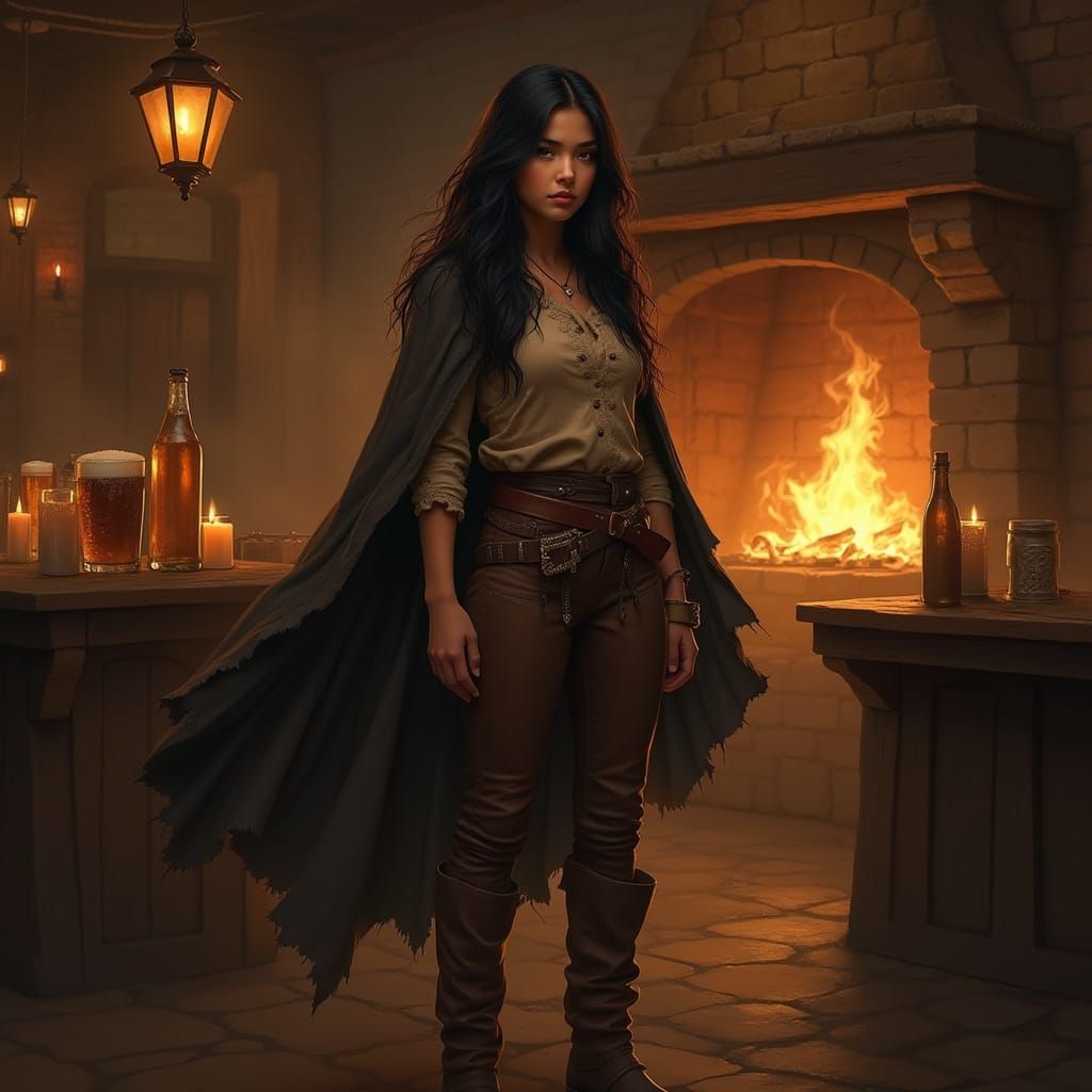 Confident Woman in Rustic Tavern at Dusk, Earthy Tones and D...