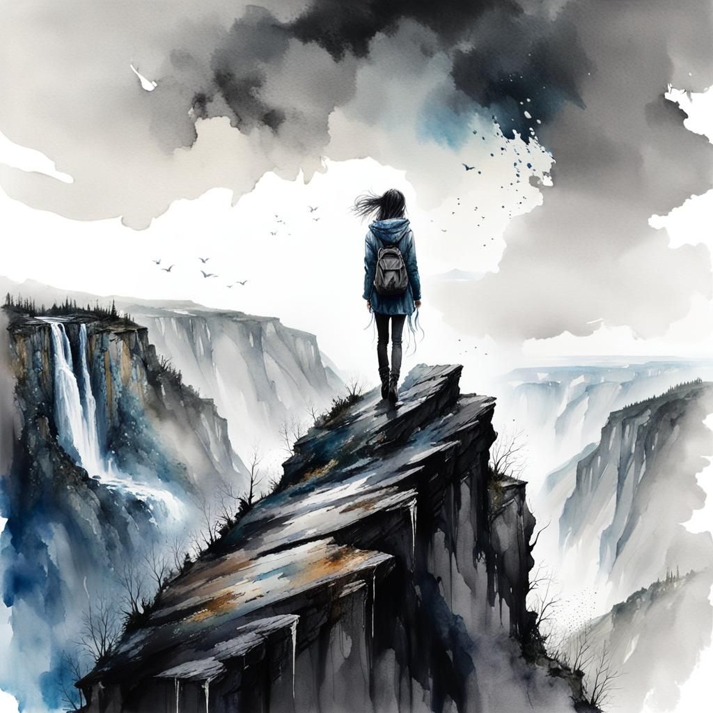 Moody Watercolor of Sad Girl at Cliffside