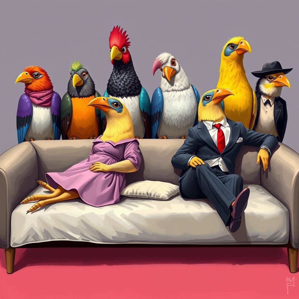 Anthropomorphic Birds in a Surreal Scene