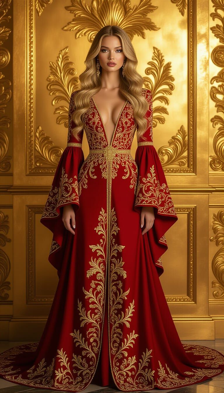 Woman in Red Gown with Golden Embroidery