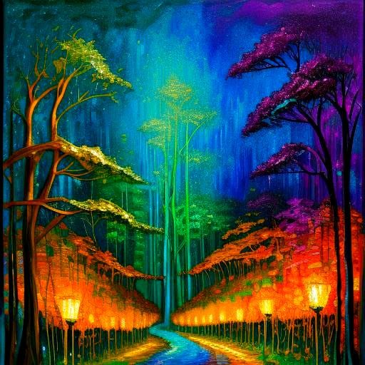 Bioluminescent Road: Neo-Impressionist Landscape Painting