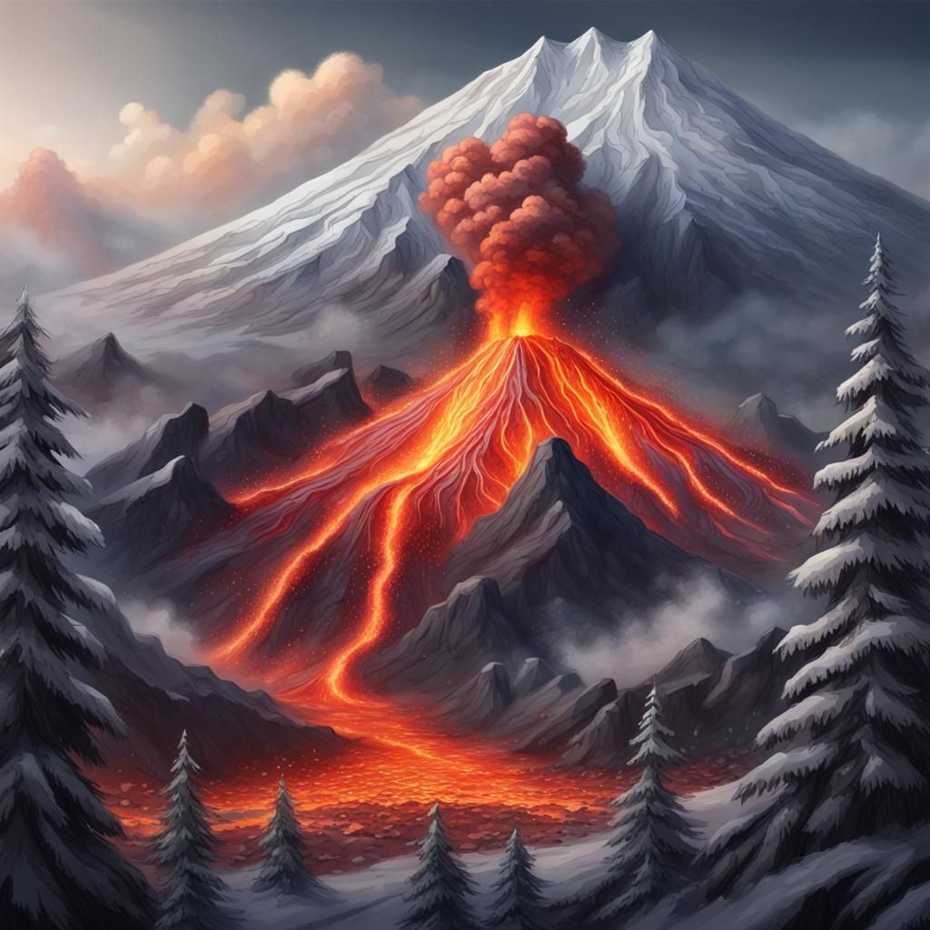 Volcanic Eruption Over Snowy Mountain Landscape