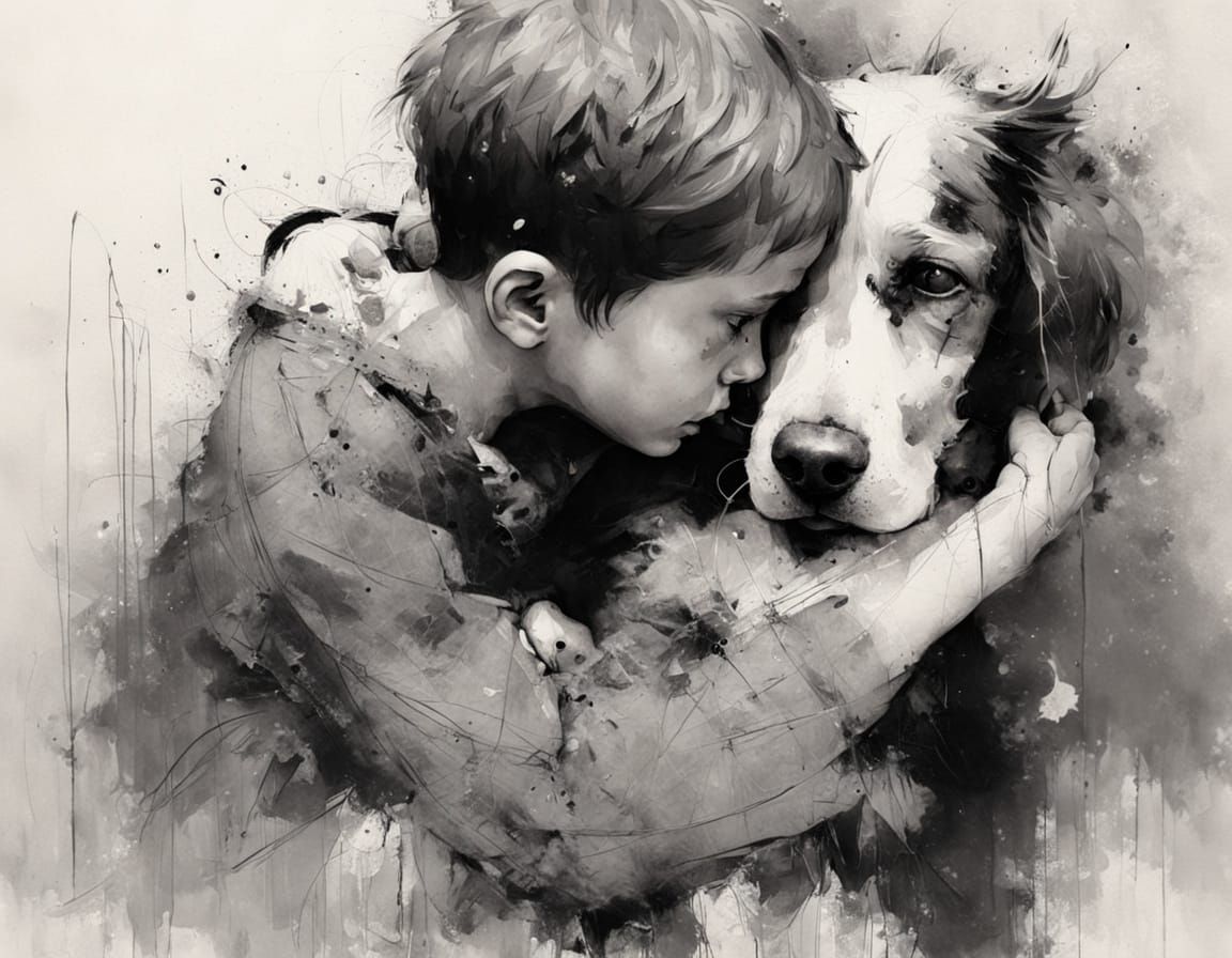 Dog Comforting Boy in Rough Pencil Sketch