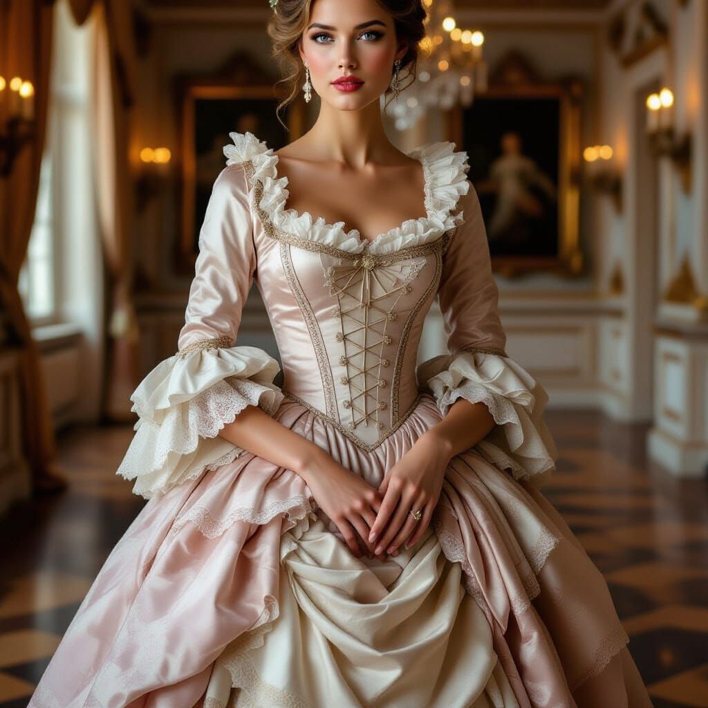 Elegant Woman in 1750s Dress, Photorealistic Rendering