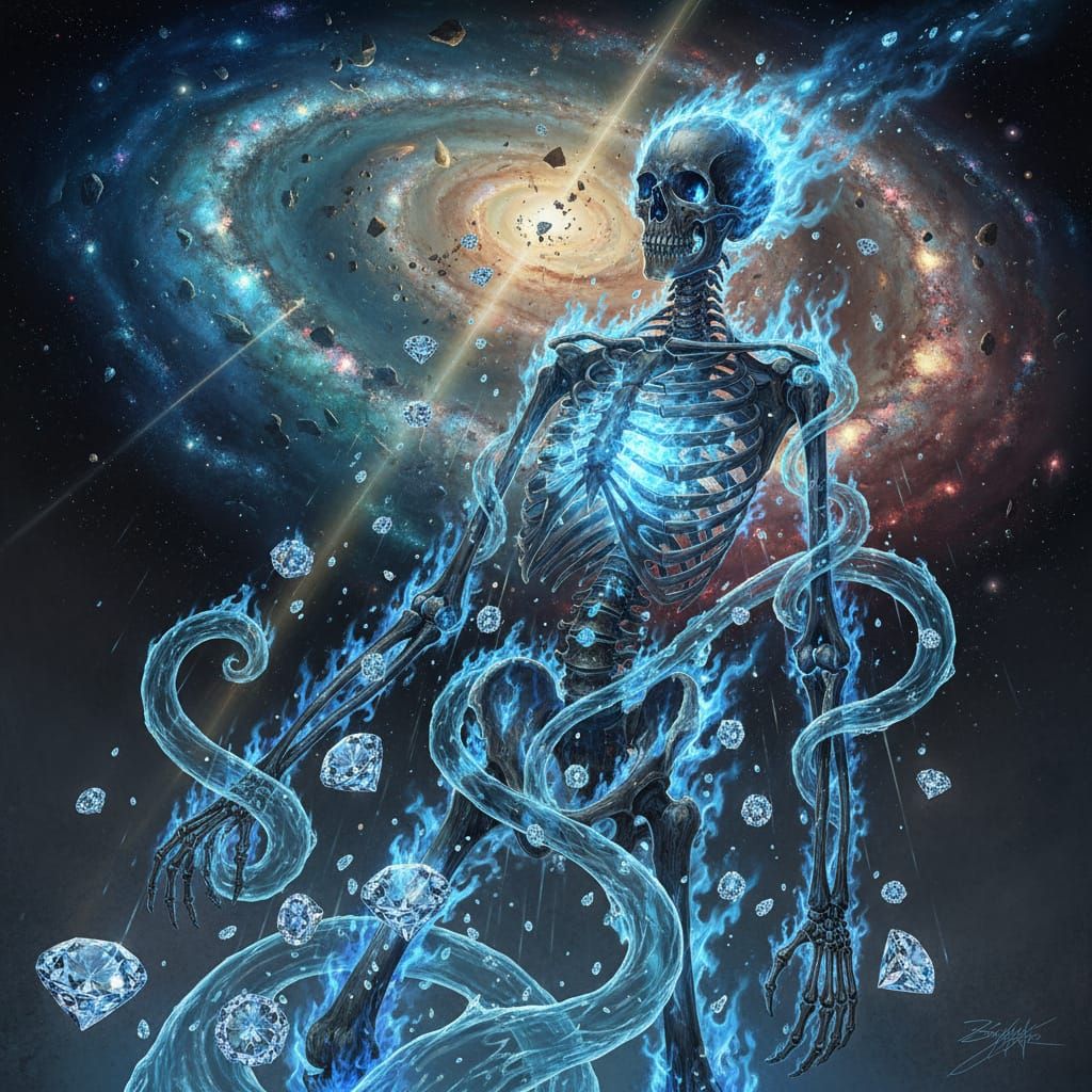 Skeleton in Cosmic Collision with Blue Fire and Diamonds