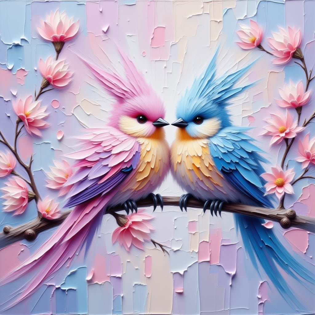 Colorful Birds on Peach Branch, Impasto Oil Painting