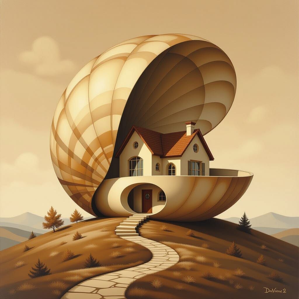 Shell House on Hill in Sepia, Acrylic Airbrush Art