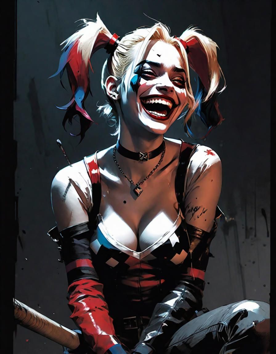 Harley Quinn Laughing with Bat in Ink Drawing Style