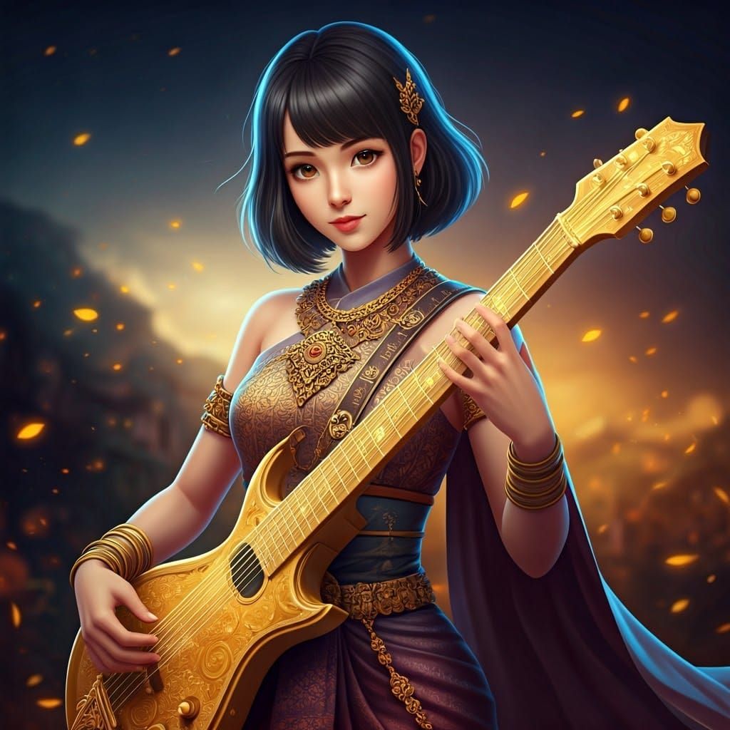 Thai Goddess Serenades on Majestic Guitar in Vibrant Dreamli...