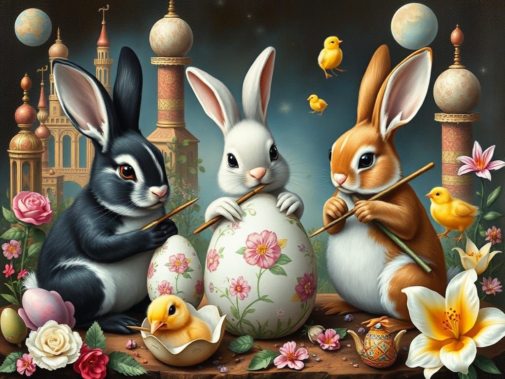 Easter Bunnies Painting Eggs in Surreal Landscape
