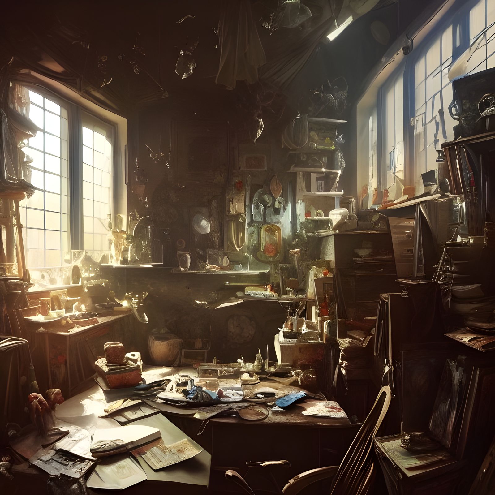 Inside an untidy artist atelier interior