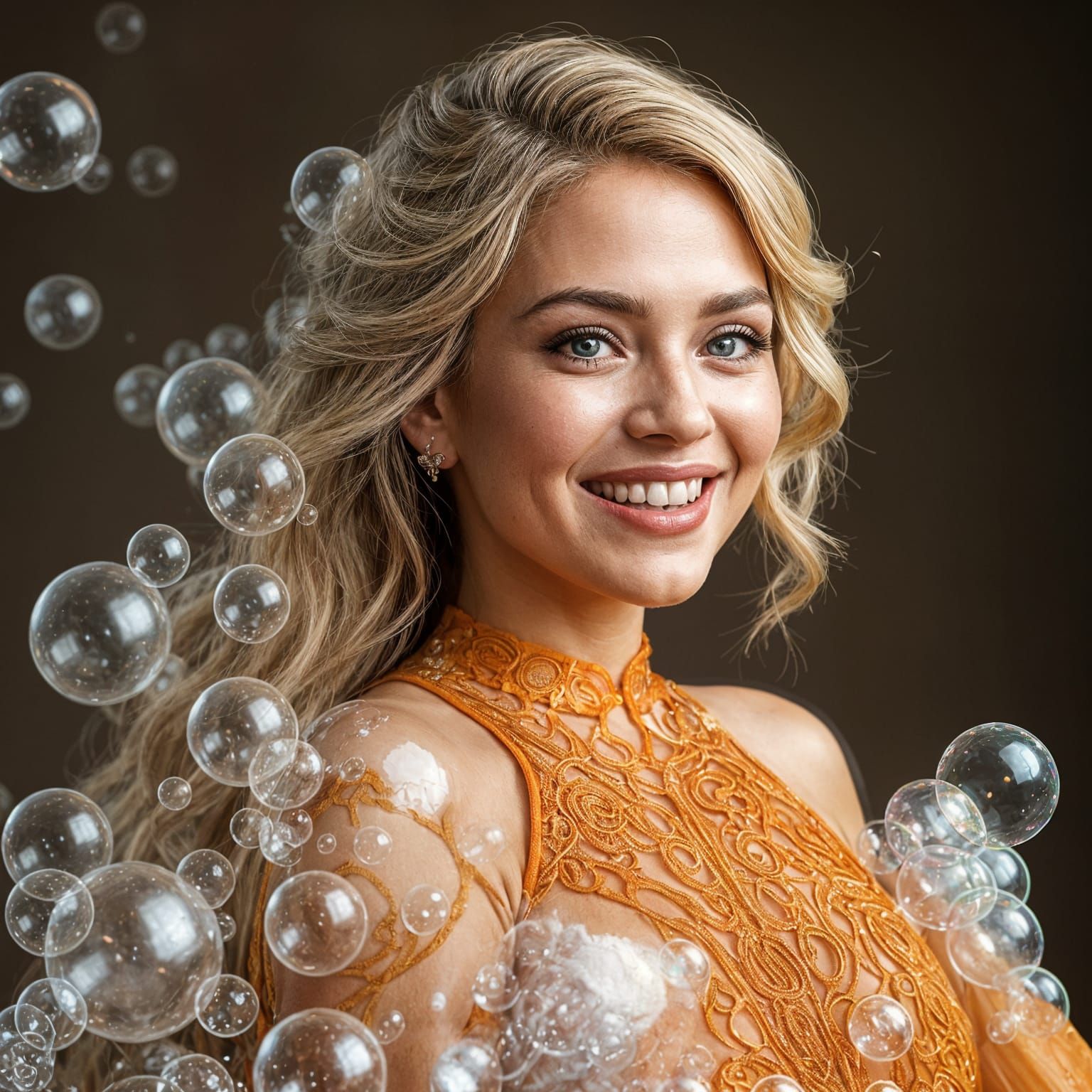 Woman in Orange Dress Covered in Soap Bubbles