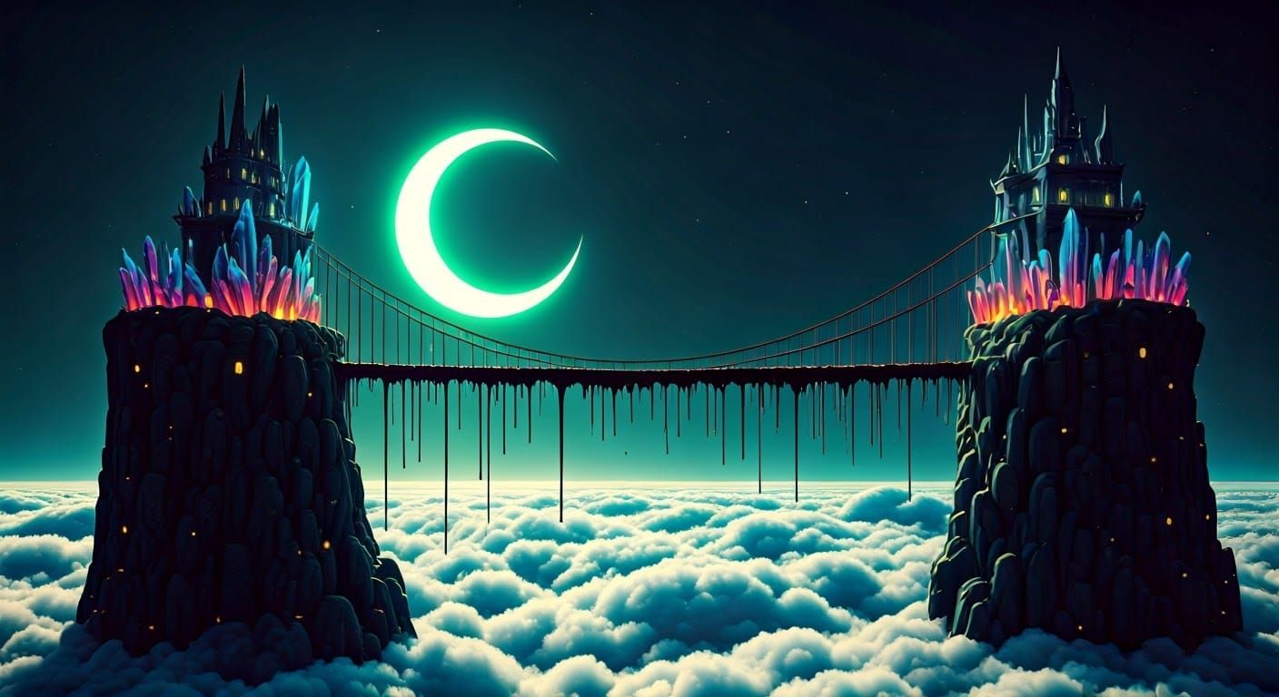 Surreal Cosmic Bridge in Neon Fantasy Style