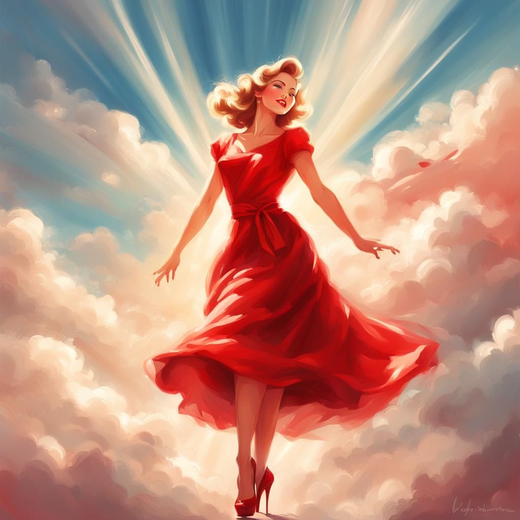 Pin-Up Girl in Red Dress: Digital Drawing