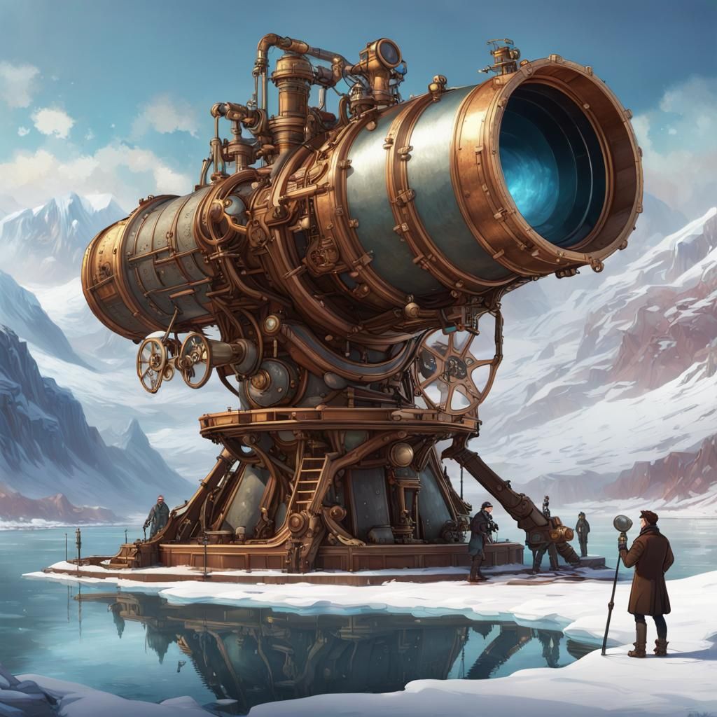 Steampunk Scientist Building Telescope on Mechanical Mountai...