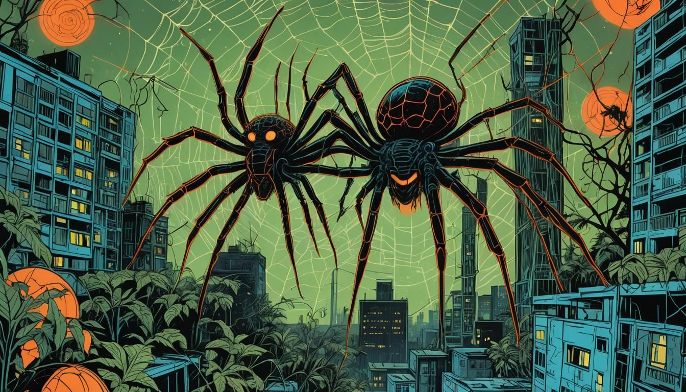 Cyberpunk Spiders Weaving Web in Chernobyl, Comic Art