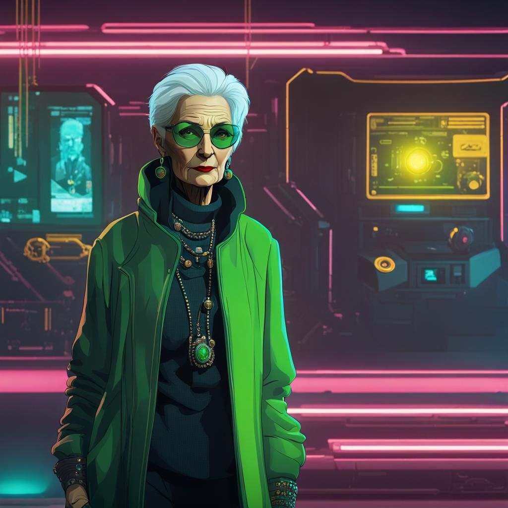 Elderly Woman in Cyberpunk 2099 Neon City