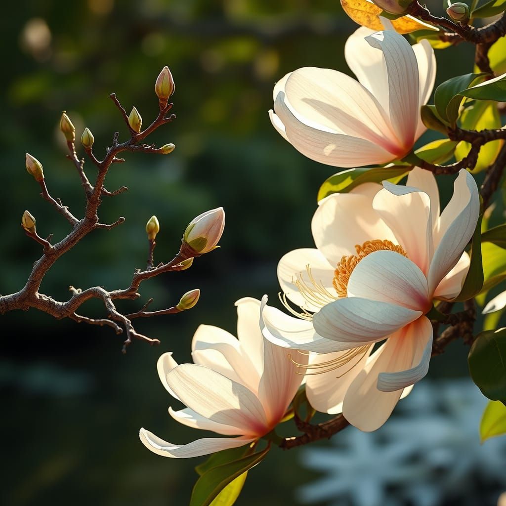 Ancient Branches Sprouting Spring Buds & Mature Magnolias