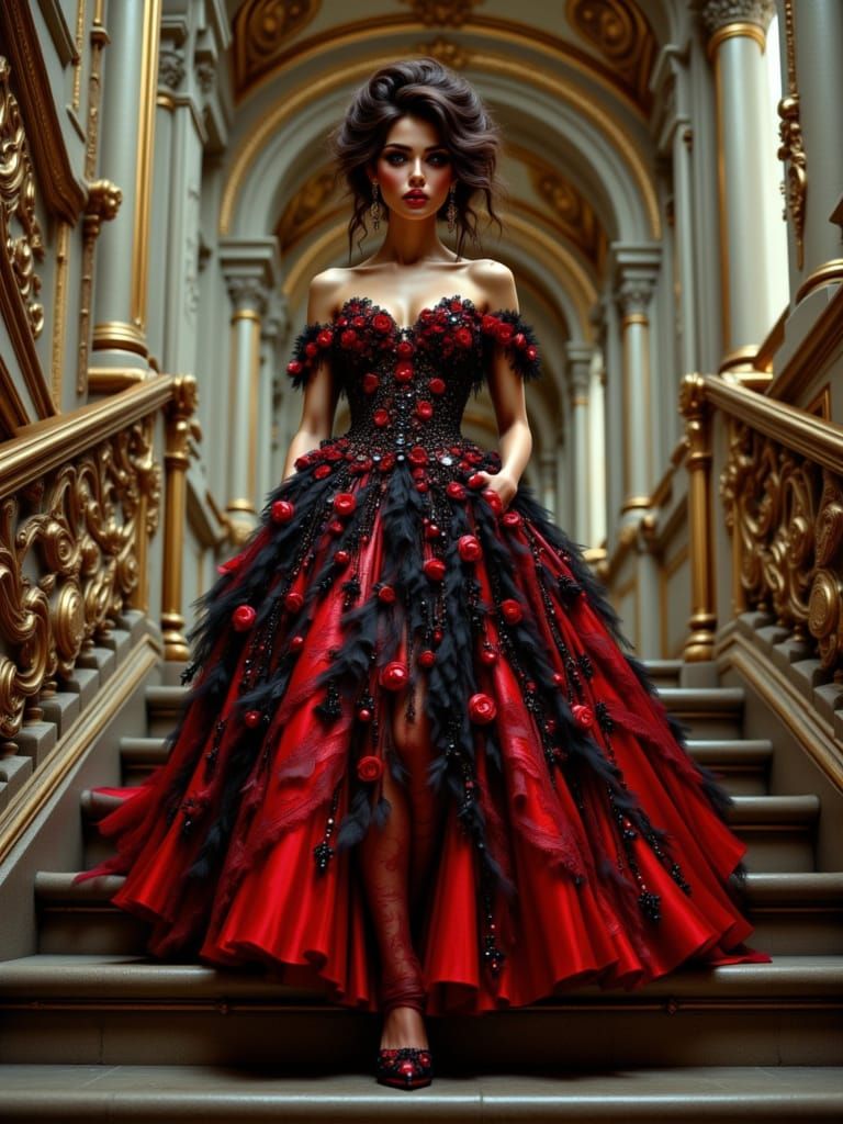 Woman Descends Grand Staircase in Opulent Gown