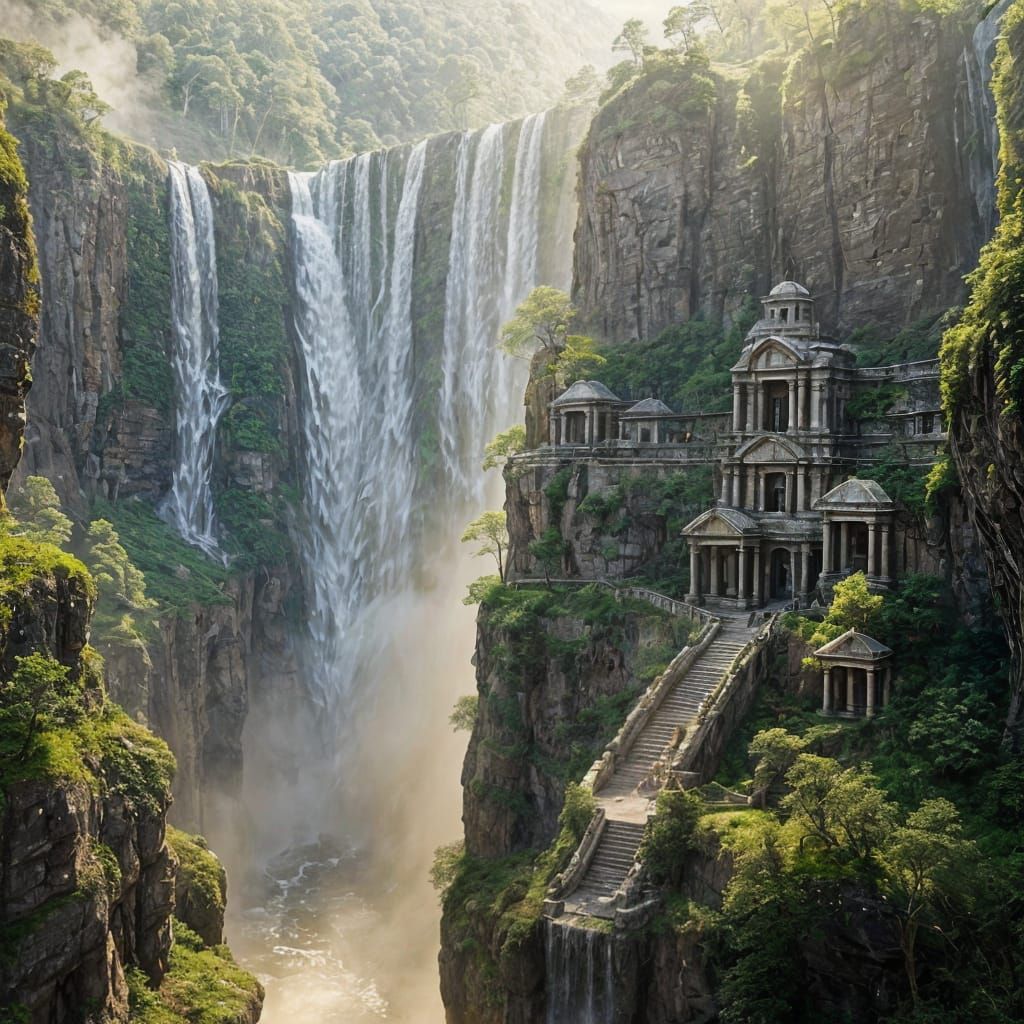 Ethereal Waterfall Cityscape in Cinematic Fantasy Art