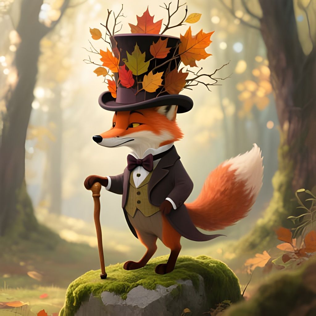 Dapper Fox in Autumn Leaf Top Hat: Whimsical Illustration