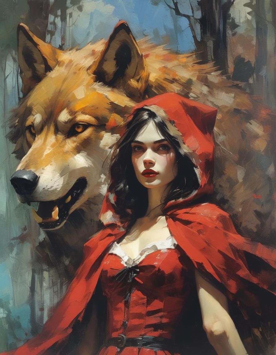 Red Riding Hood and Wolf Oil Painting in Art Nouveau Style