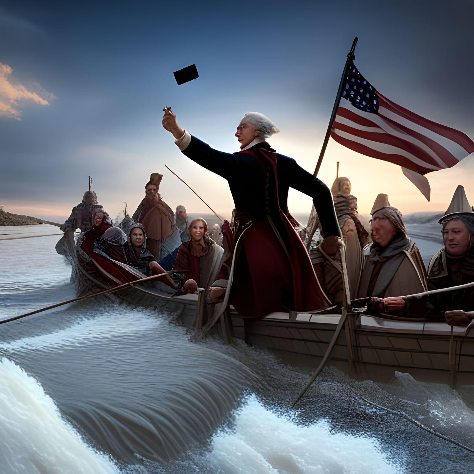 George Washington crossing the Delaware river, takes a selfie