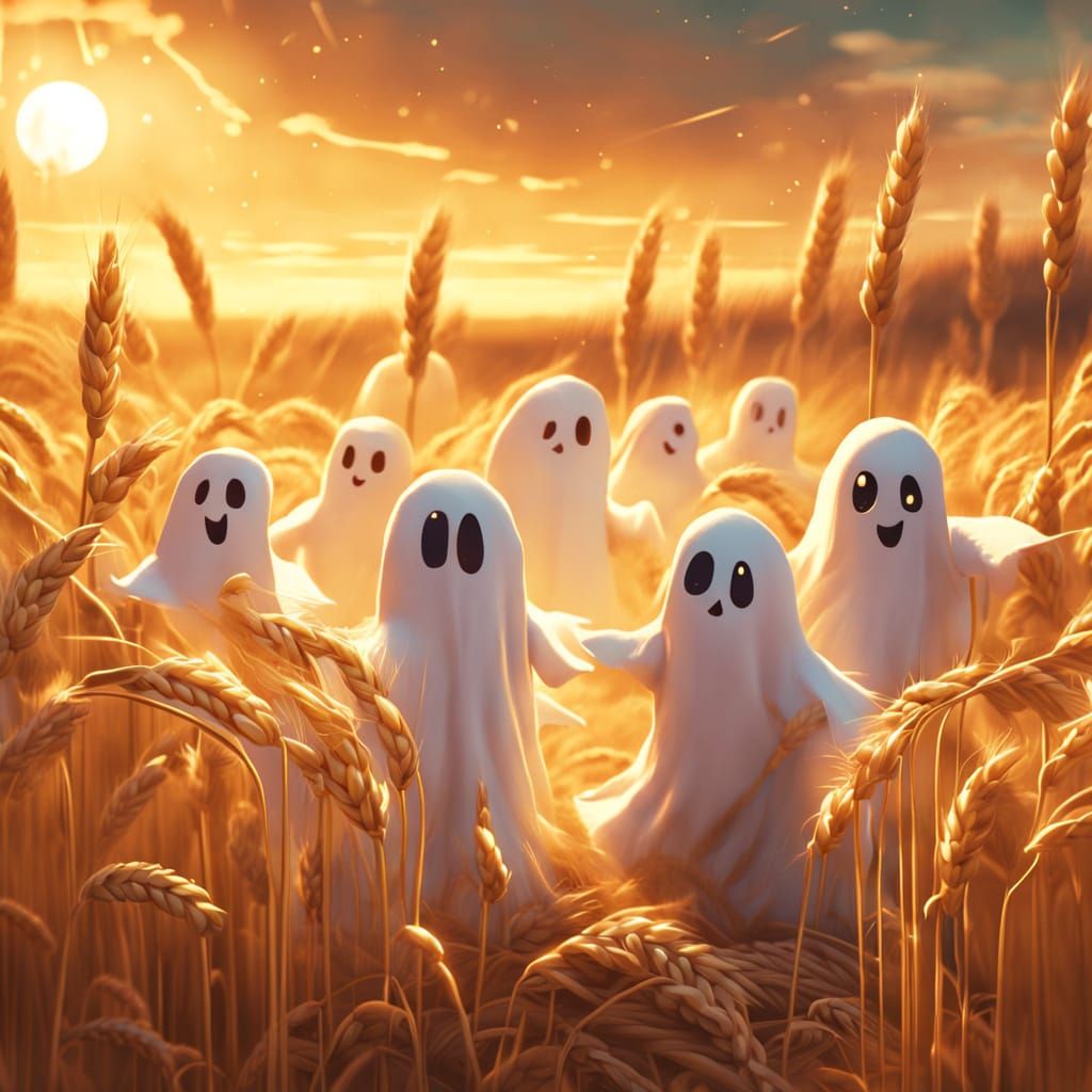 Cute Ghosts Harvesting Wheat at Sunset in Art Deco Style