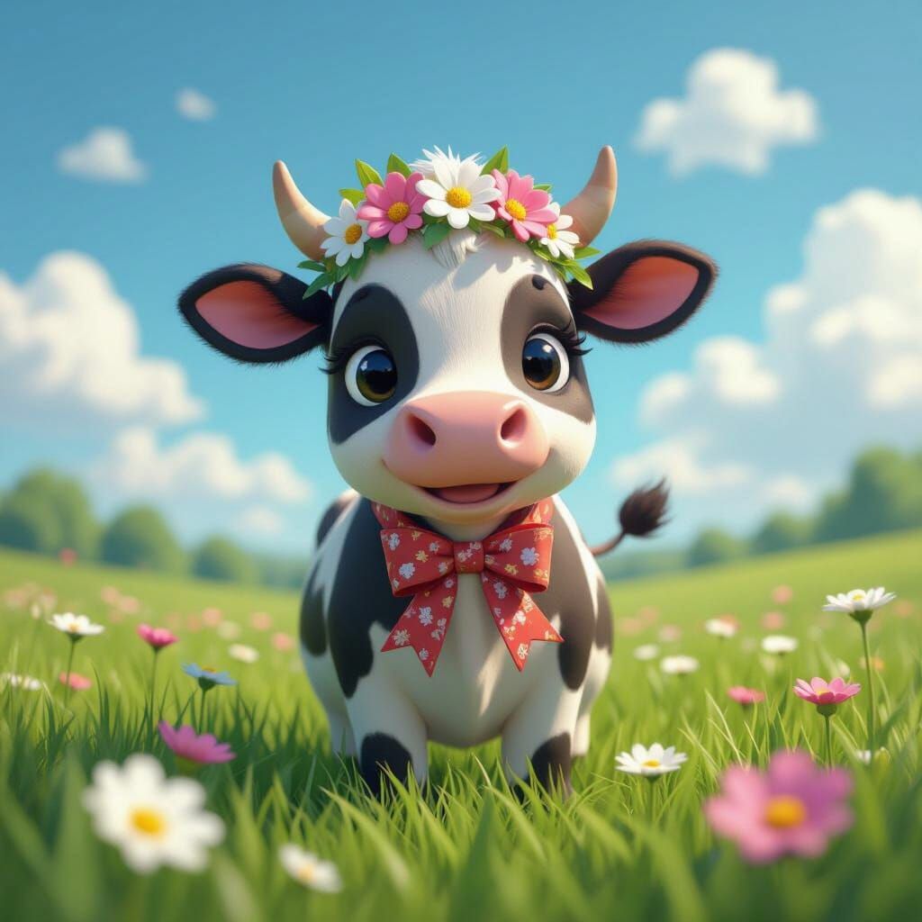 Cow with Bow and Flowers in Anime Style