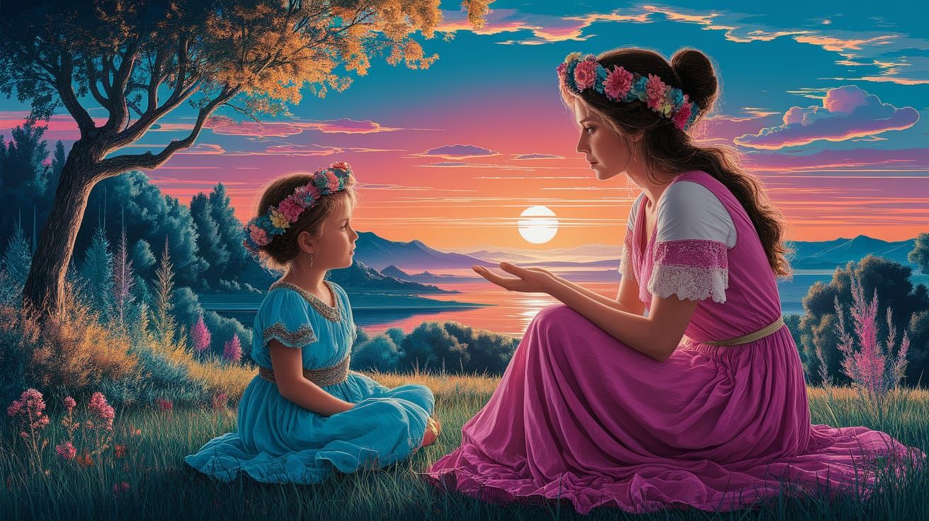 Woman and Girl at Sunset in Art Brut Style