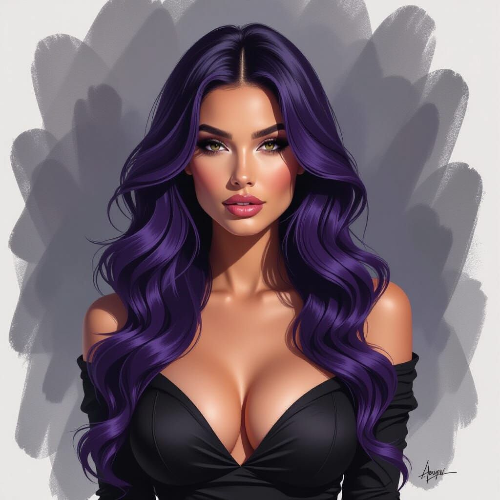 Sultry Woman with Lavender Hair in Dramatic Charcoal Style