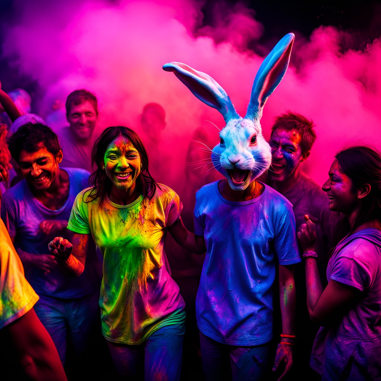 Holi Celebration with Rabbit in Hyperrealistic Style