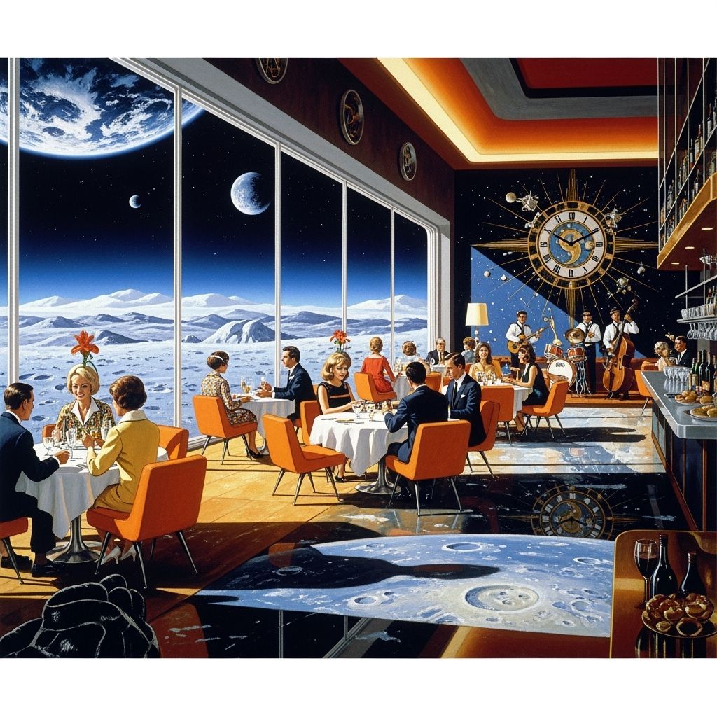Retro-Futuristic Lunar Restaurant Interior with Earth View