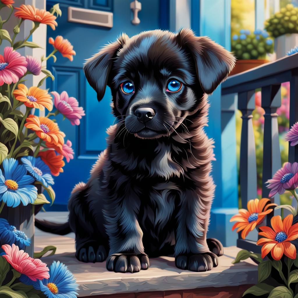 Black Puppy with Blue Eyes in Pixar Style