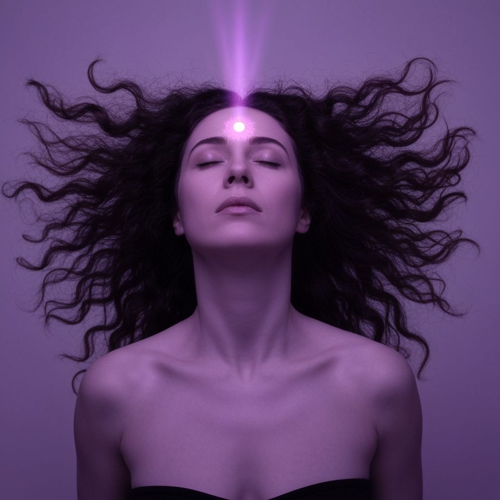Woman in Purple Light with Glowing Third Eye Chakra