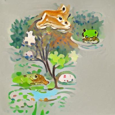 Frog, Rabbit, and Fox Near Pond