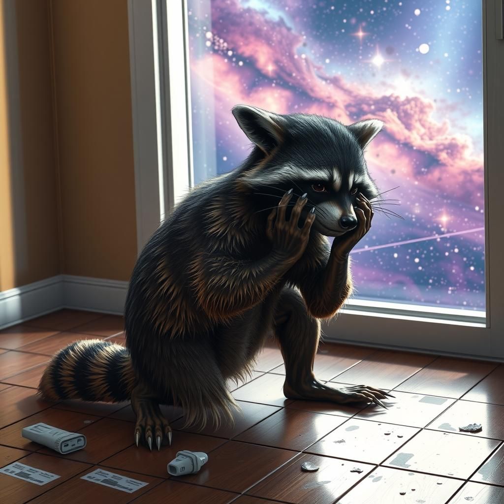Anthropomorphic raccoon in despair
