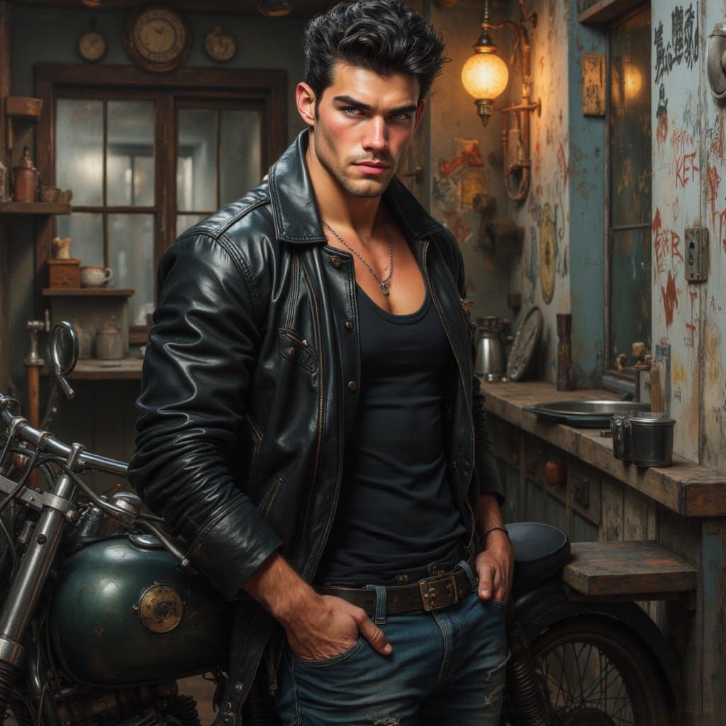 Rebellious Greaser in Dimly Lit Alleyway as Digital Painting