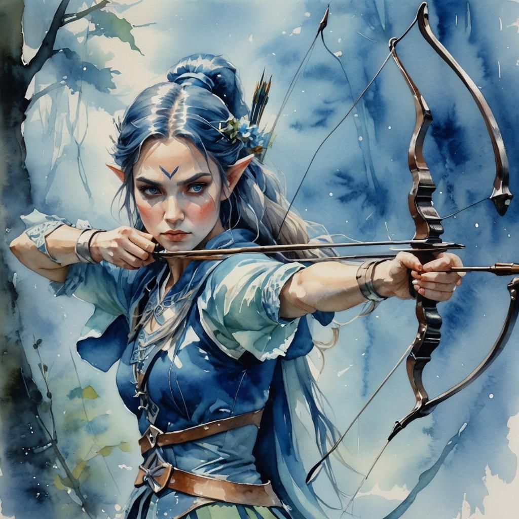 Elf Archer in Watercolor Impressionism