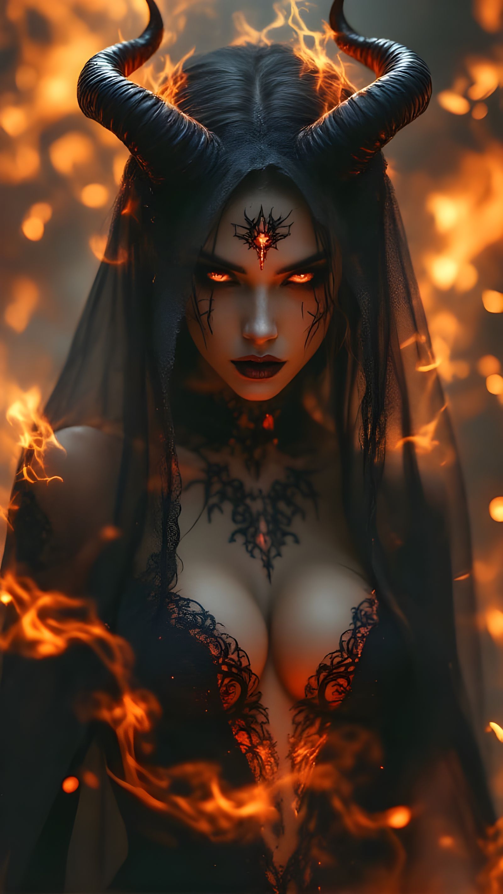 Cyber Gothic Sorceress in Fiery Aura