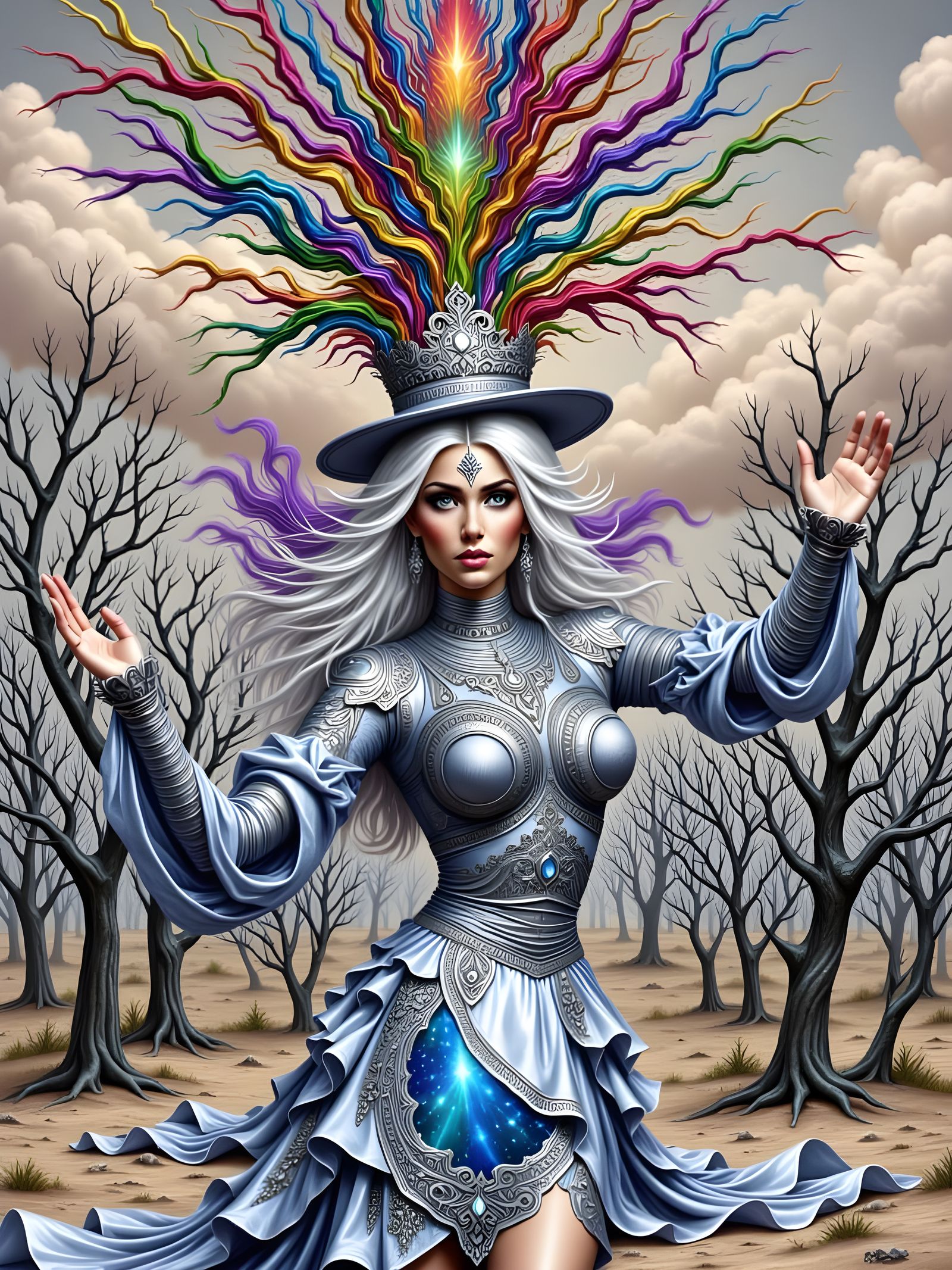 Majestic Goddess With Blue-White Hair and Silver Gown