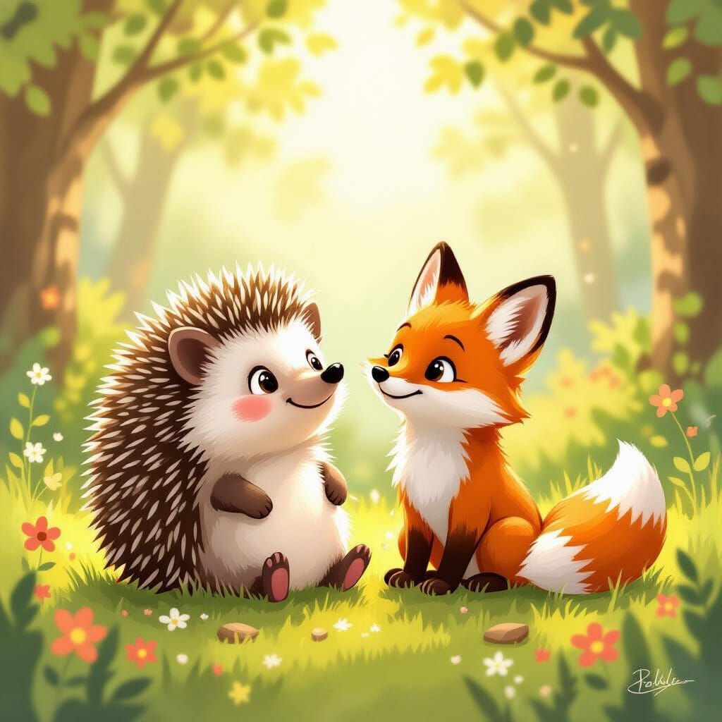 Hedgehog and Fox Cub Friendship in Sunlit Forest