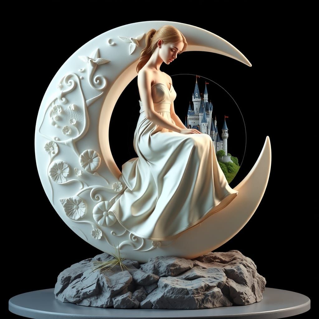 Ethereal Goddess on Crescent Moon in Light Sculptural Compos...