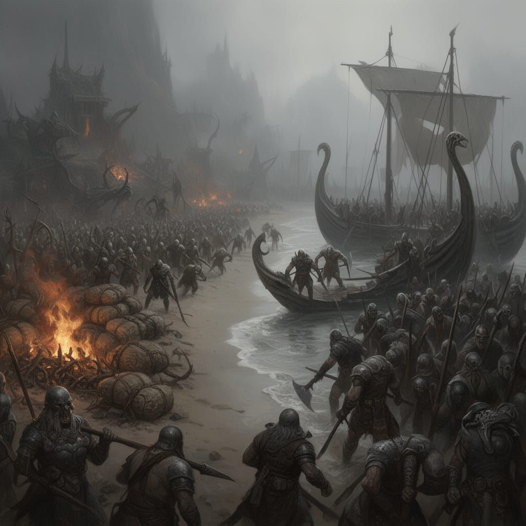 Epic Skalig Warriors Land from Bone Ships