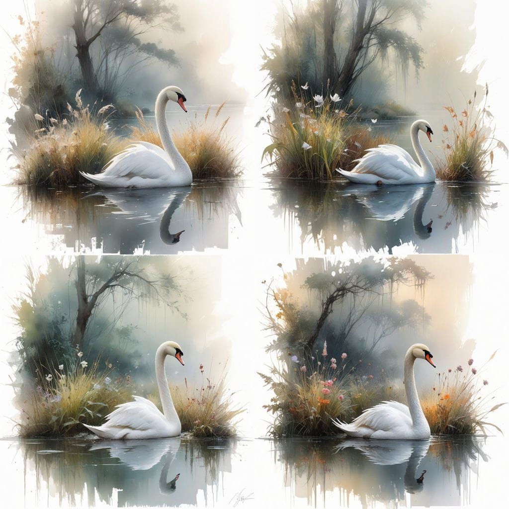 Elegant Swan in a Misty Dawn Landscape