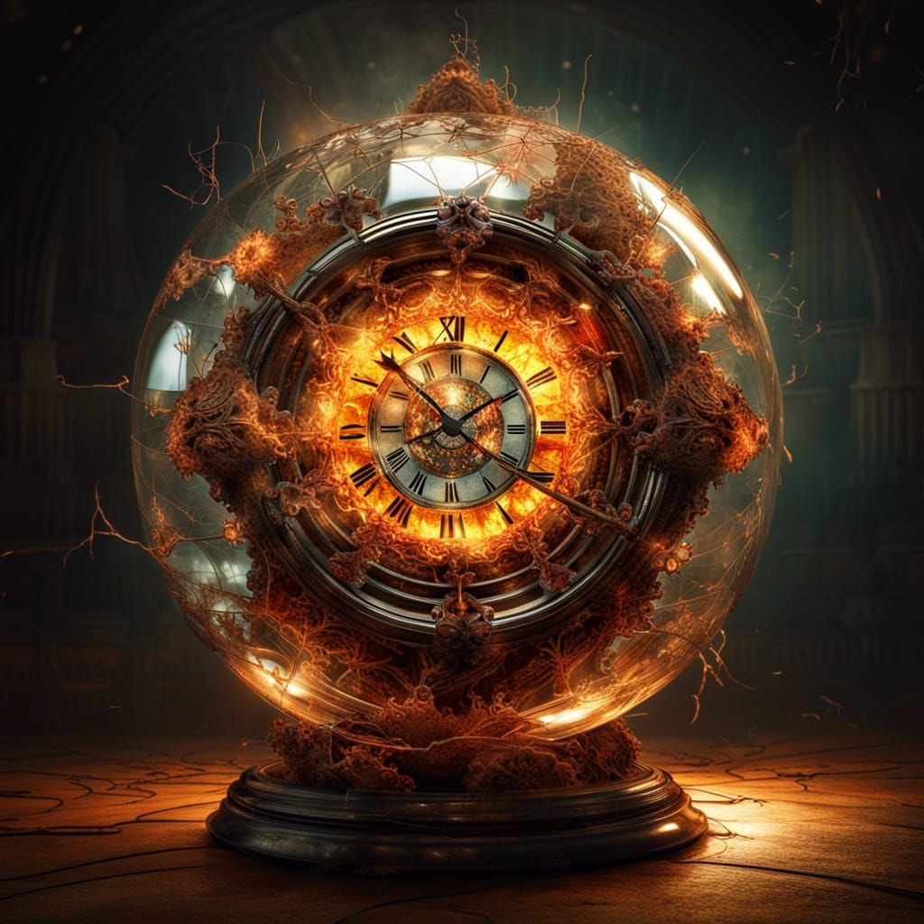 Fantasy Fire Clock in Cracked Glass Sphere