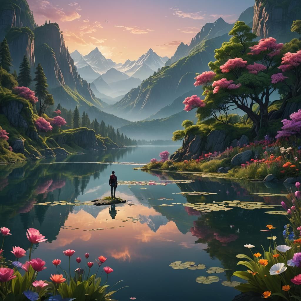 Serene Lake Landscape with Fantasy Mountain Range